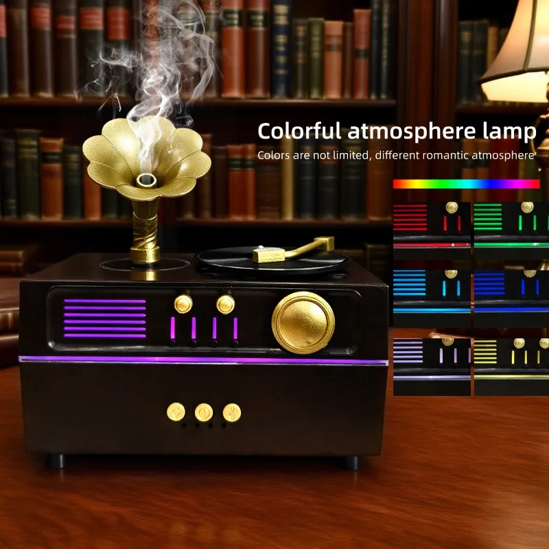 Small Bluetooth Speaker Humidifier Aromatherapy Machine Retro Record Player Design 7-Color Ambient Light Home Decoration