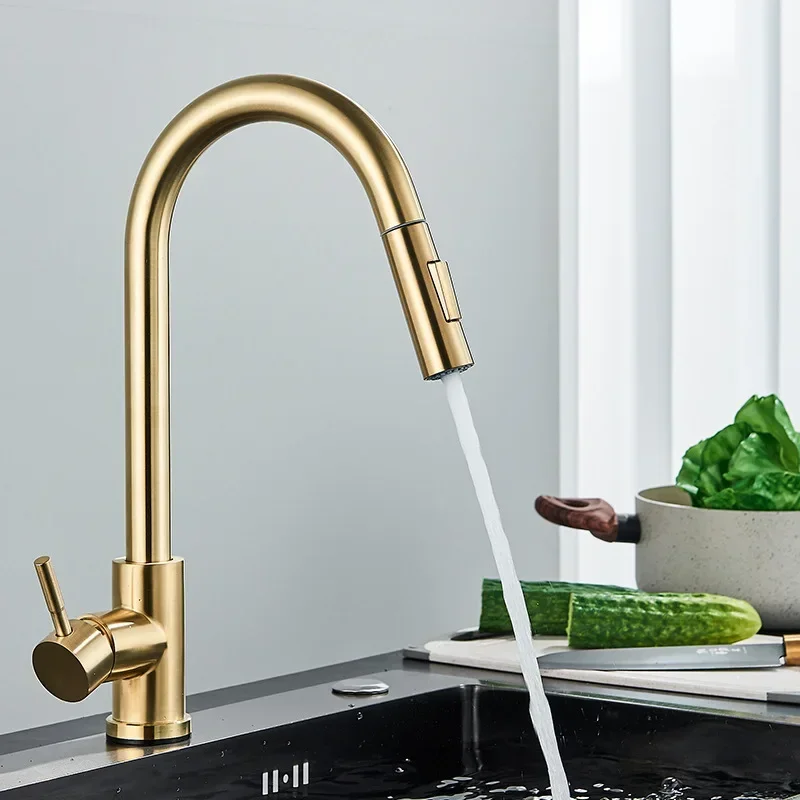 Brushed Smart Touch Kitchen Faucet Sensor 360° Rotation Pull-Out Tap Single Handle Mixer Two Water Modes