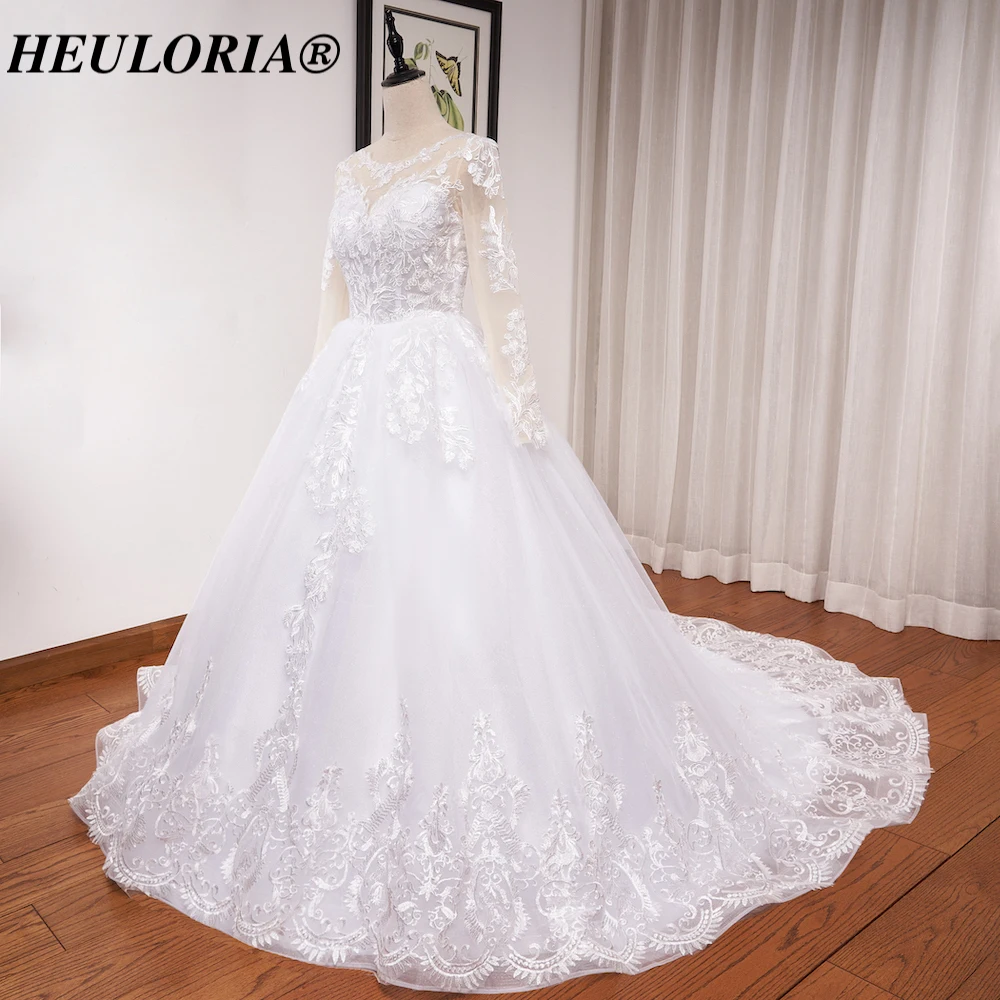 Heiloria-vestido de novia de princesa, prenda de manga larga con cuello redondo, talla grande, con cuentas de encaje