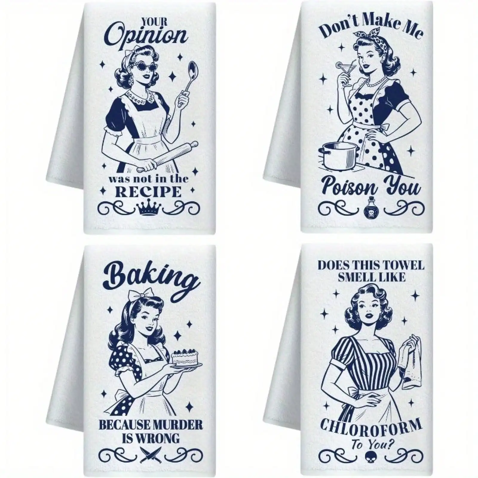 

4pcs 16X24 Inch Retro Housewife Baking Kitchen Towels Soft Absorbent Polyester, 1950S Women Prints & Funny Quotes. Machine-Washable, High-Quality. Ideal For Housewarming Christmas Birthday Gifts, Mid-Century Home Decor, Tea Coffee Bars.