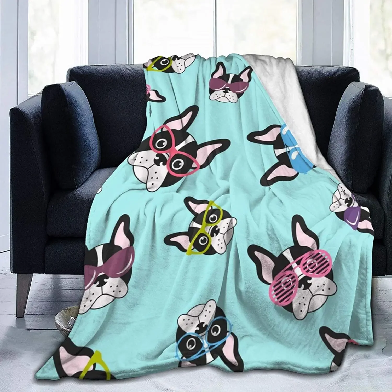 Cute Ultra-Soft Flannel Printed Blanket Plush Throw  Nap Cover for Sofa Bed Couch King Queen Full Size French Bulldog Dog