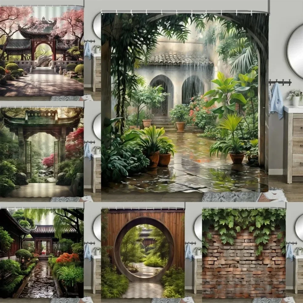 

Chinese Style Shower Curtain Vintage Wood Board Garden Building Green Plant Bamboo Pattern Bathroom Decor Curtain Set