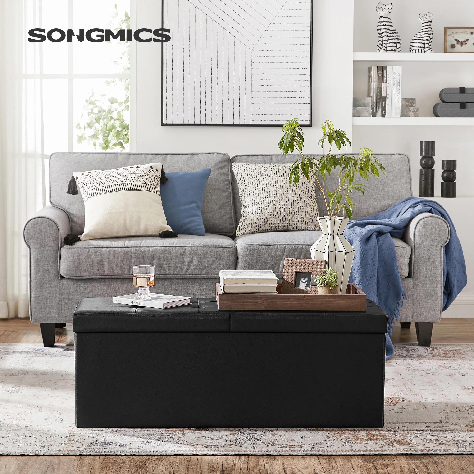 SONGMICS 120L Folding Ottoman Bench Storage Box Storage Cube Flipping Lid Shoe Bench Footstool Load Capacity of 300 Kg