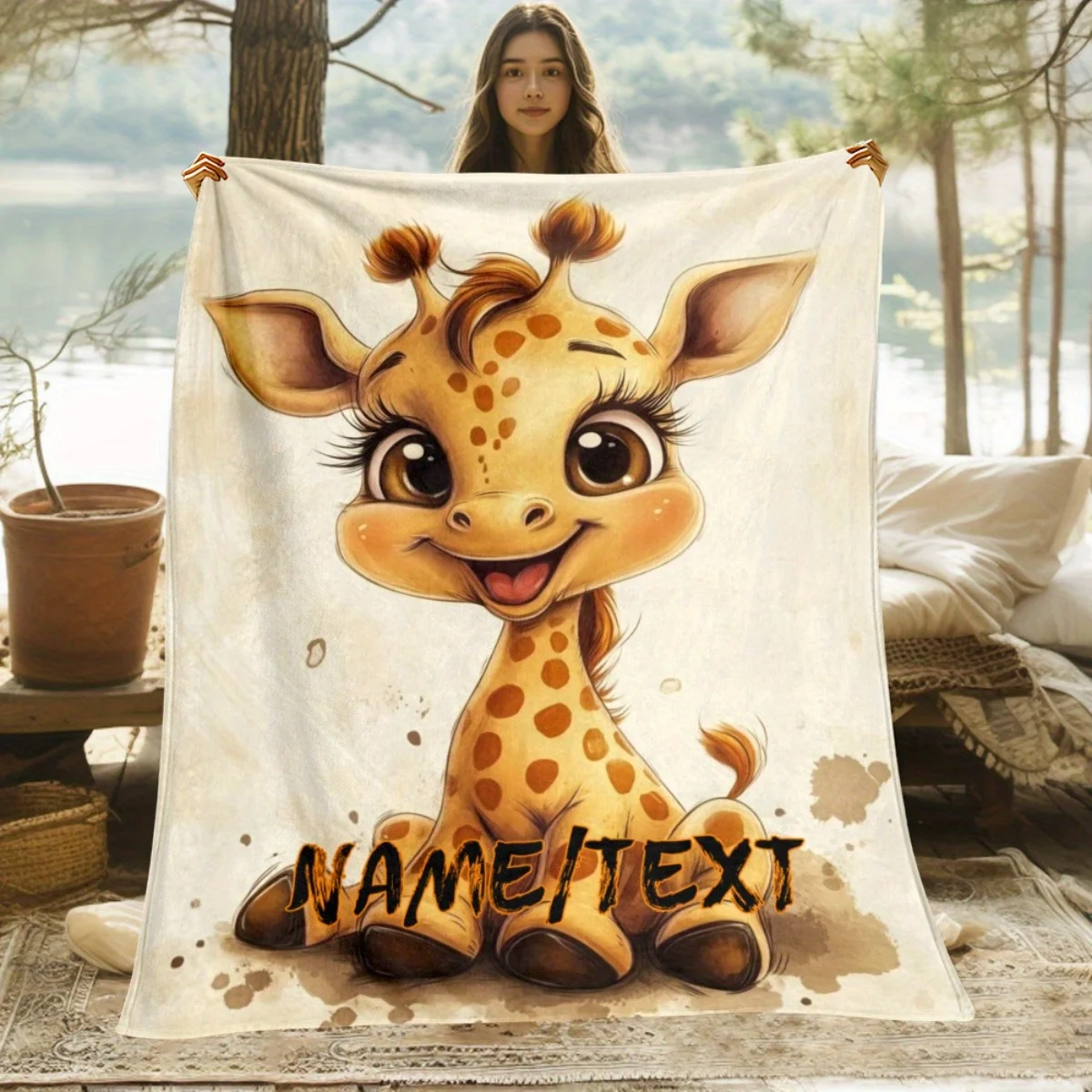 Cartoon-Giraffen-Fleecedecke mit individuellem Namen, geeignet für Sofa, Bett, Geburtstag, Kinder, Freunde, Geschenke