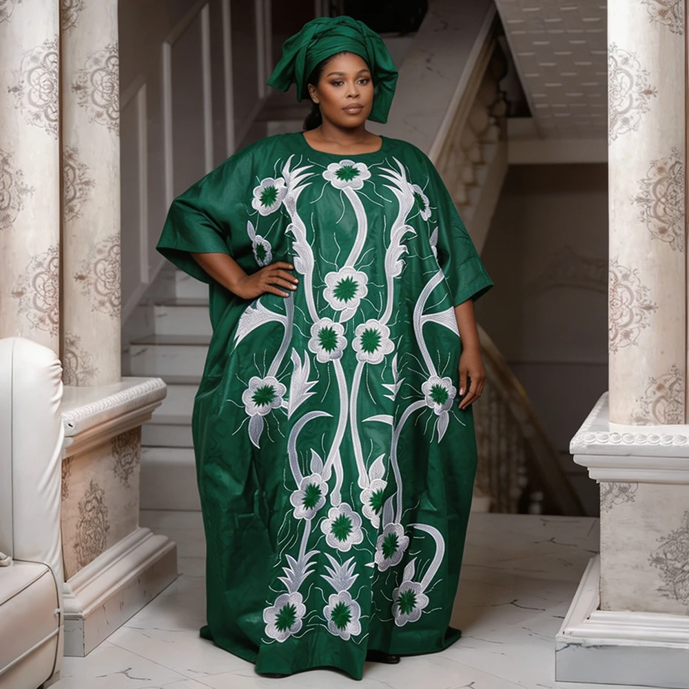 

Plus Size African Clothes for Women 2026 New Dashiki Ankara Embroidery Bazin Riche Design Wedding Party Dresses with Headscarf