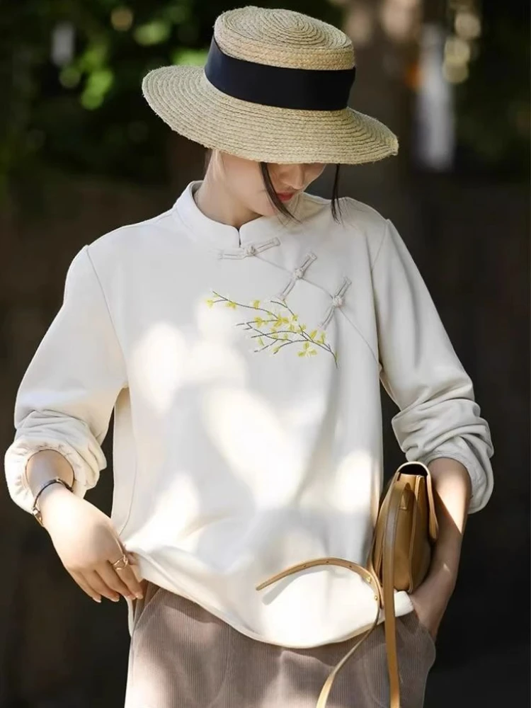 Chinese Style Embroidery Sweatshirts Women Vintage Button Elegant for Ladies Classic Stand Collar Tops Stylish Autumn Winter New