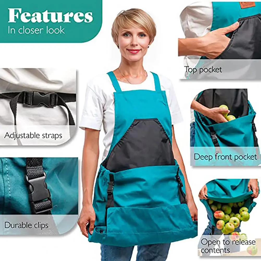 

Drawstring Opening Garden Apron Oxford Apron with Waterproof Pockets Tear-resistant Harvesting Apron for Fruit Vegetable Picking