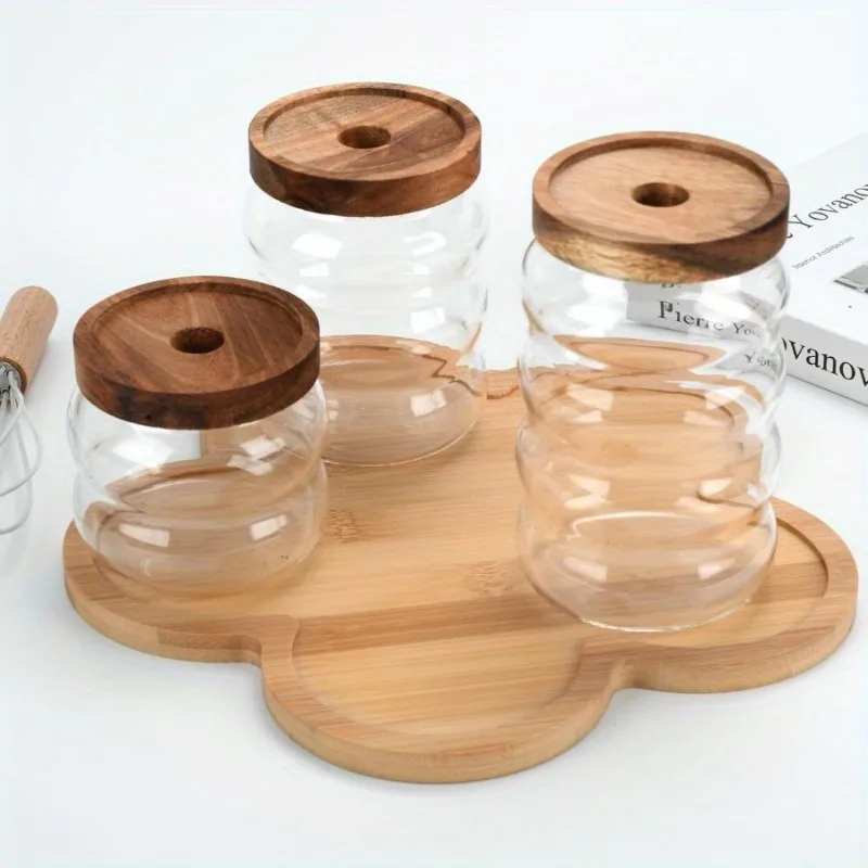 3Pcs Hammer Pattern Glass Storage Jars Set Acacia Wood Lid Sealed Canister for Coffee Beans Grain Food Stripe Storage Bottles