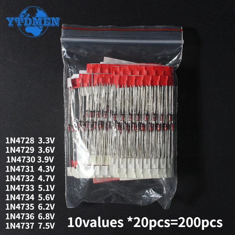 

200PCS 1W Zener Diode Assorted Kit 3.3V-7.5V 1N4728A 1N4729A 1 N4730A 1N4731A 1 N4732A 1N4733A 1N4734A 1N4735 10 Value Kits