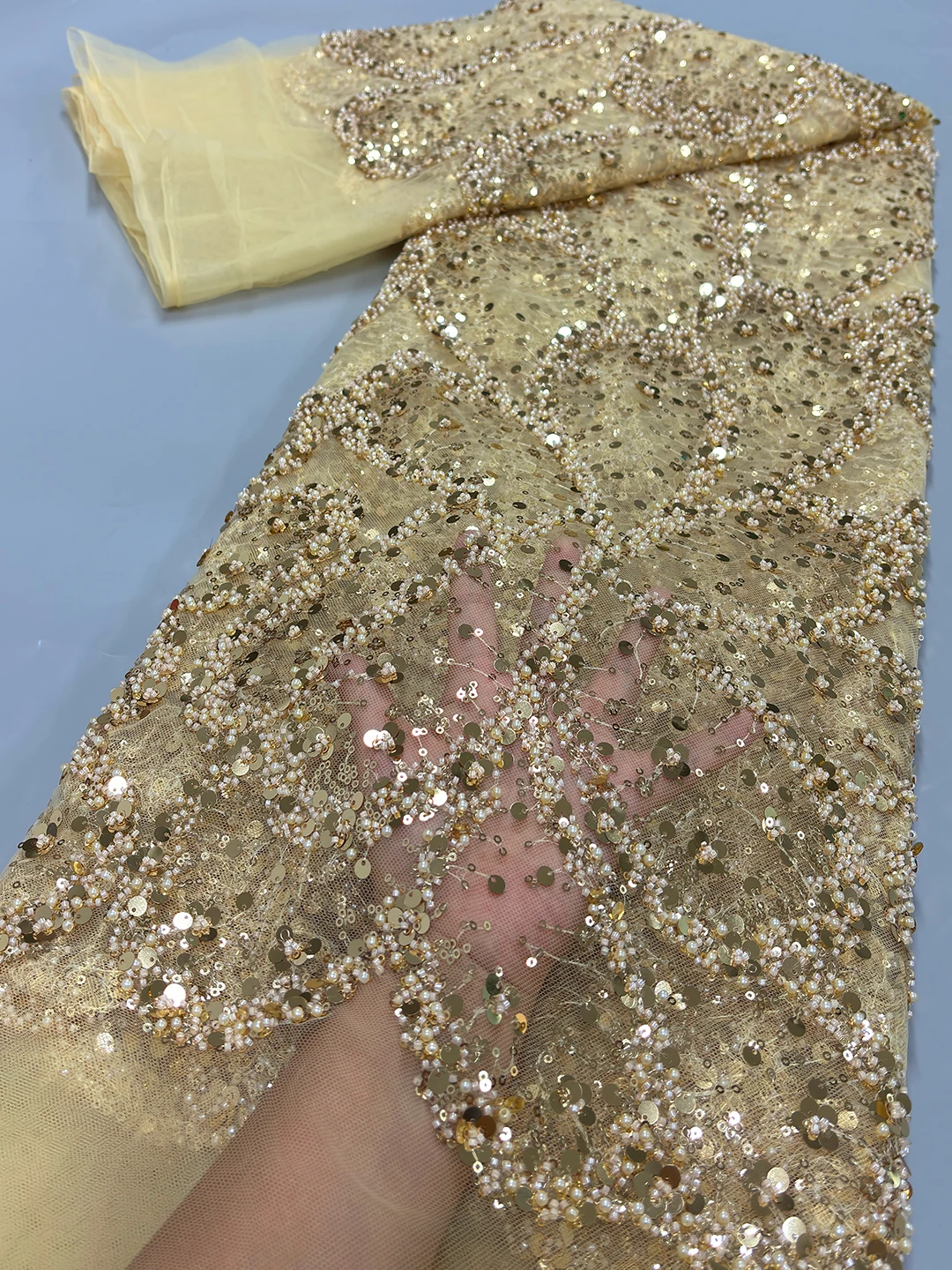 Luxury Golden African Handmade Sequins Net Pearls Lace Fabric 2024 Top French Heavy Beaded Tulle Lace Fabric For Bridal Wedding