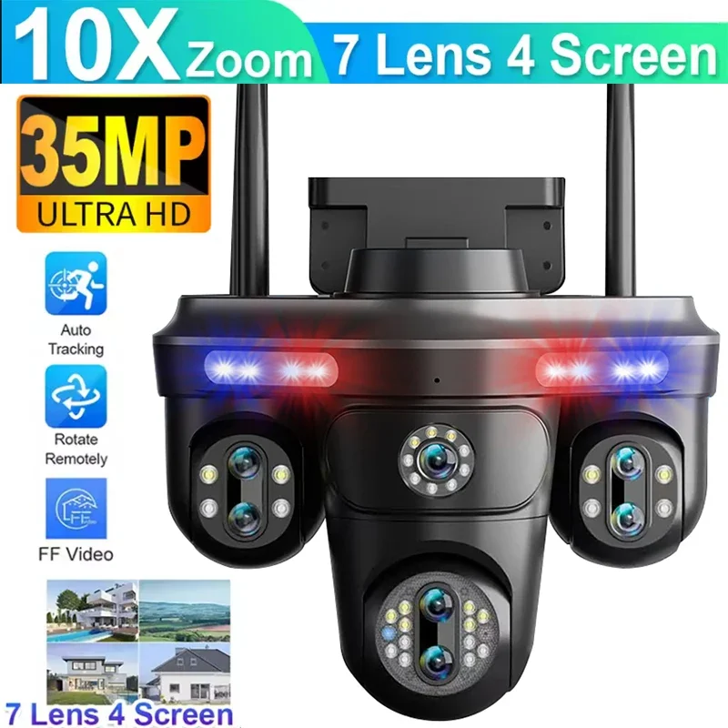 

10X Zoom 35MP 7 Lens WiFi Camera Outdoor CCTV 4 Screen Wireless Surveillance Cam Auto Tracking PTZ Cameras WiFi Security Camera