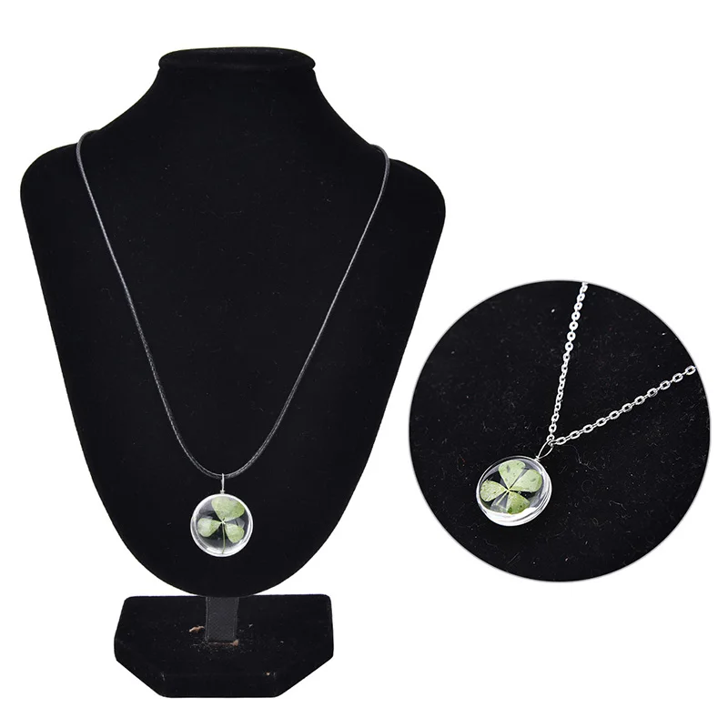 Real Green Lucky Shamrock Four Leaf Clover Round Pendant Necklace Friends Gift,