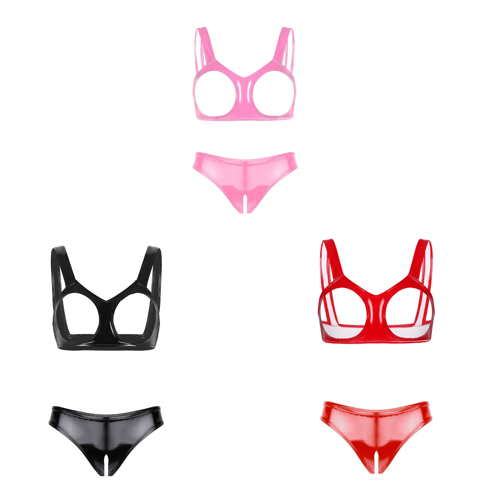 Women Ladies Bare Chest Sexy Lingerie Set Wet Look Patent Leather Underwear Suit Open Cups Bras with Crotchless Briefs Clubwear