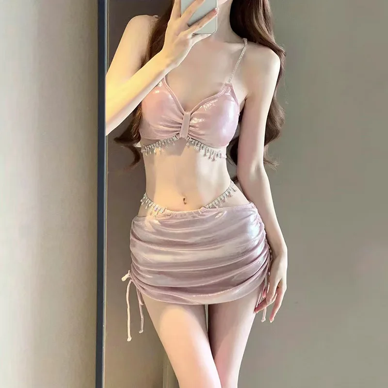 sexy Korean fashion Shinny Mermaid diamond chain bikinis sets 3pcs drawstring mini skirt swimsuit swimwear bathing suit biquini
