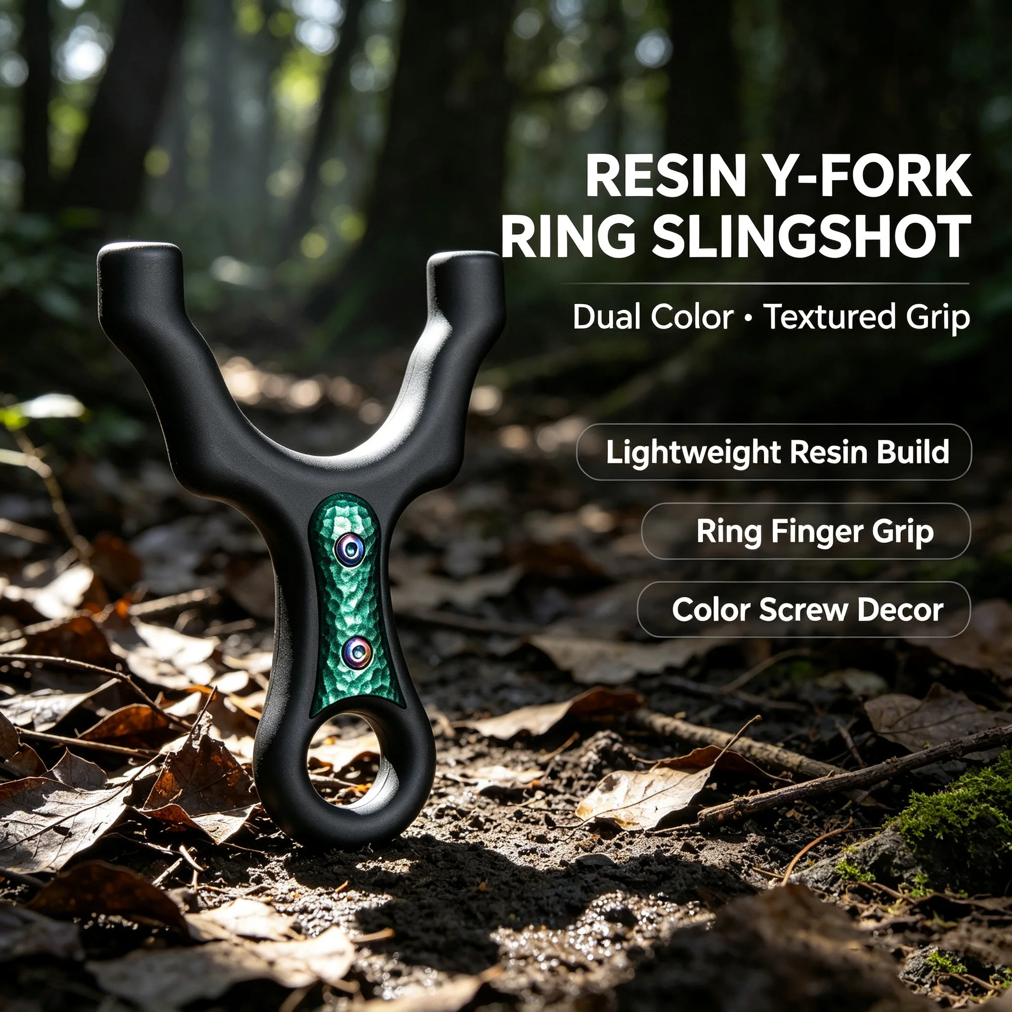 Polycarbonate Y-Shaped Slingshot with Upturned Round Fork, Finger Ring & Green Scale Inlay for Outdoor Practice