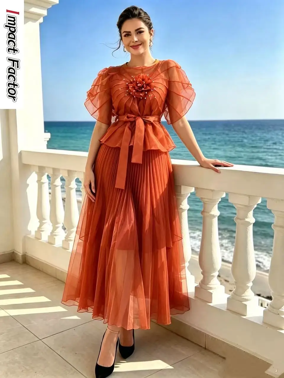 Miyake Organza New 2026 Heavy Industry Two-piece Set Thin Top Round Neck Skirt Set Long Skirt Women's Clothing