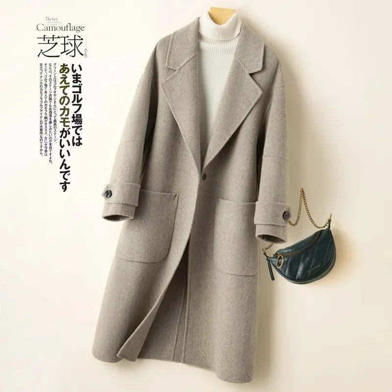 Autunno 100% Cappotto di Cachemire Double Sided Inverno delle Donne Nuovo Temperamento Sottile Cappotti di Lana Solido Casual Cappotto Lungo Femminile
