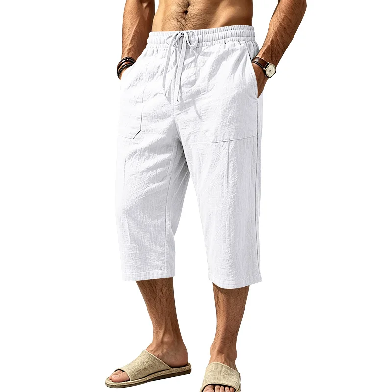 Mens Summer Linen Casual Sports Loose Elastic Drawstring Wide Leg 3/4 Capri Pants Breathable Side Pocket Daily Beach Trousers