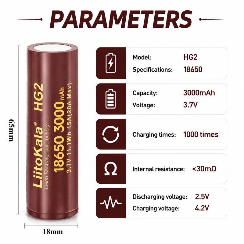New Original LiitoKala 3000mAh 3.7v 18650 HG2 Lithium Rechargeable Battery Continuous Discharge 30A for Drone Power Tools Toys