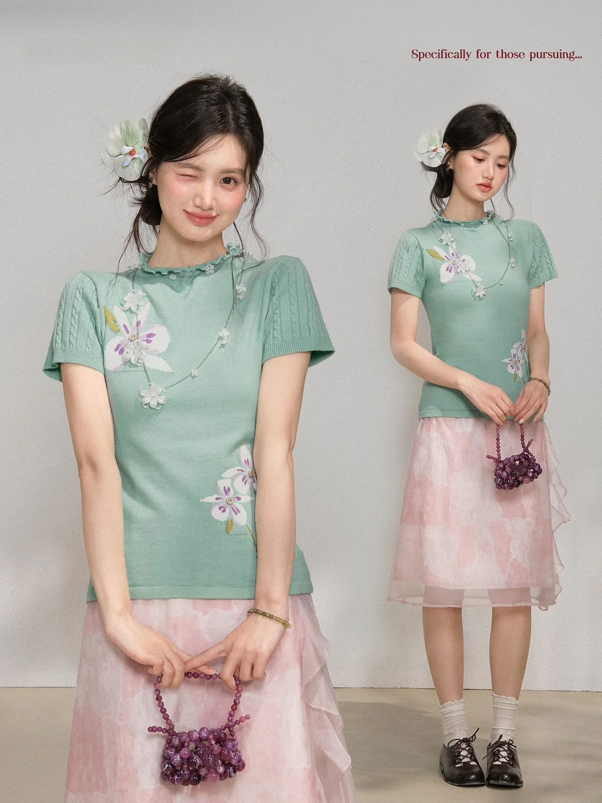 

Вязаный комплект Spring Fren с вышивкой, воротником-стойкой и цветочным узором, приталенный крой, для женщин больших размеров, повседневная мода