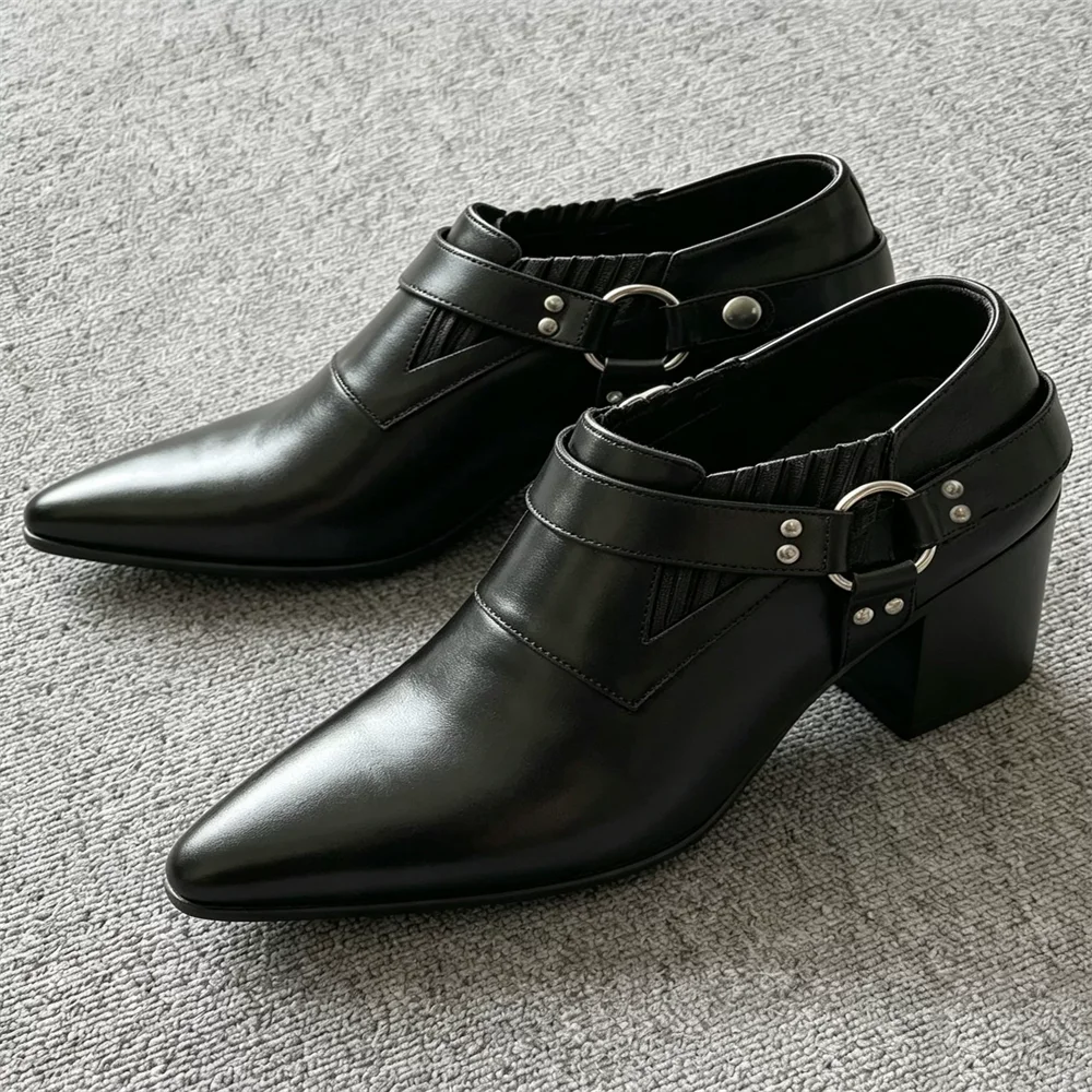 Chelsea English Style Black Top Cowhide Chelsea Boots for Men 6cm Hick Heel Pointed Toe Height Increasing Buckle Short Boots