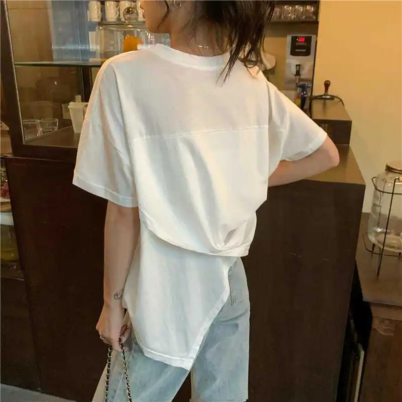 Plus Size 6XL 150kg Summer Solid Color T Shirt Short Sleeve Irregular Tees Women Oversized Tops Femme Clothing vbn