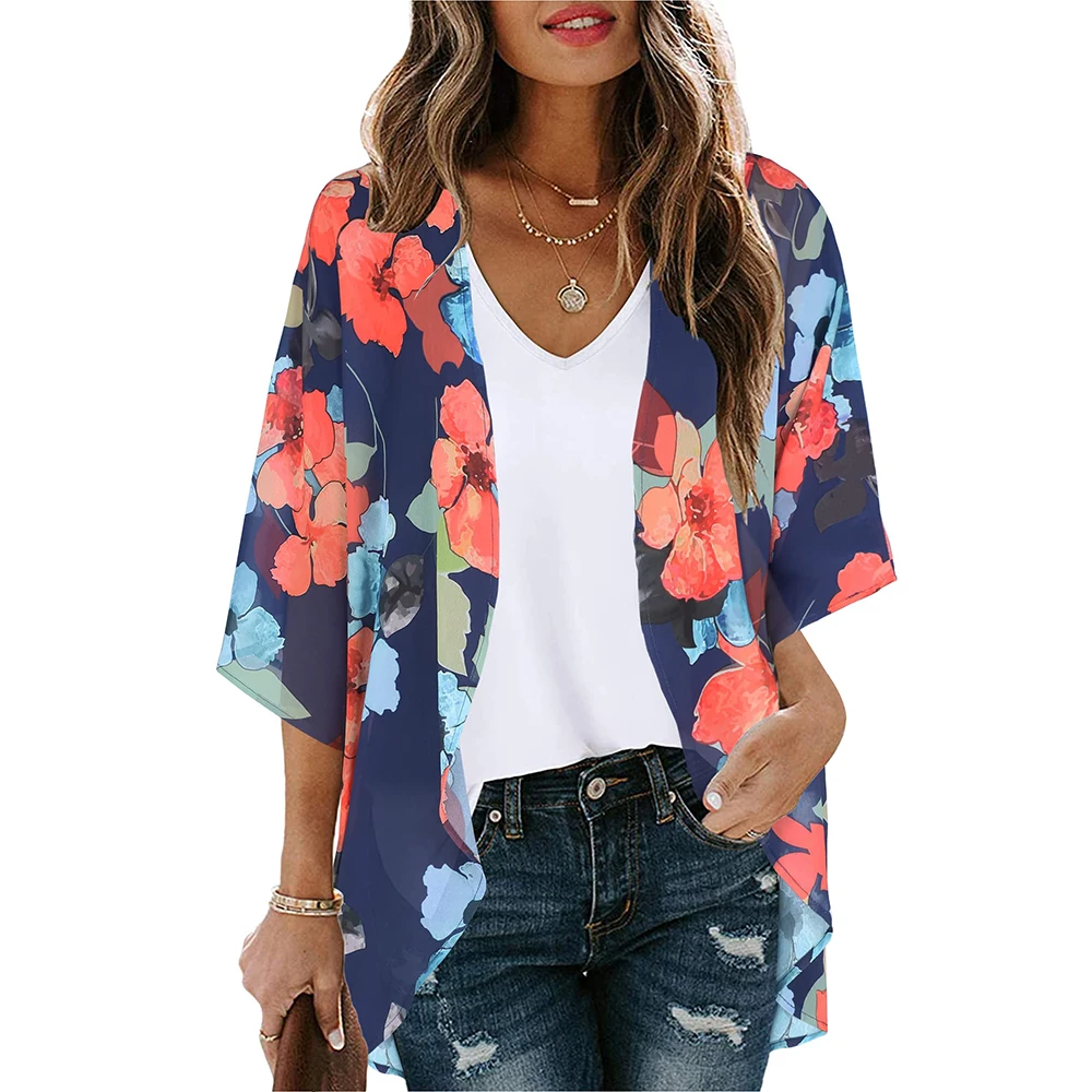 2024 New Women Summer Long Flowy Kimono Cardigans Boho Chiffon Floral Beach Cover Up Tops Beachwear Hawaii Chiffon Cardigan Top