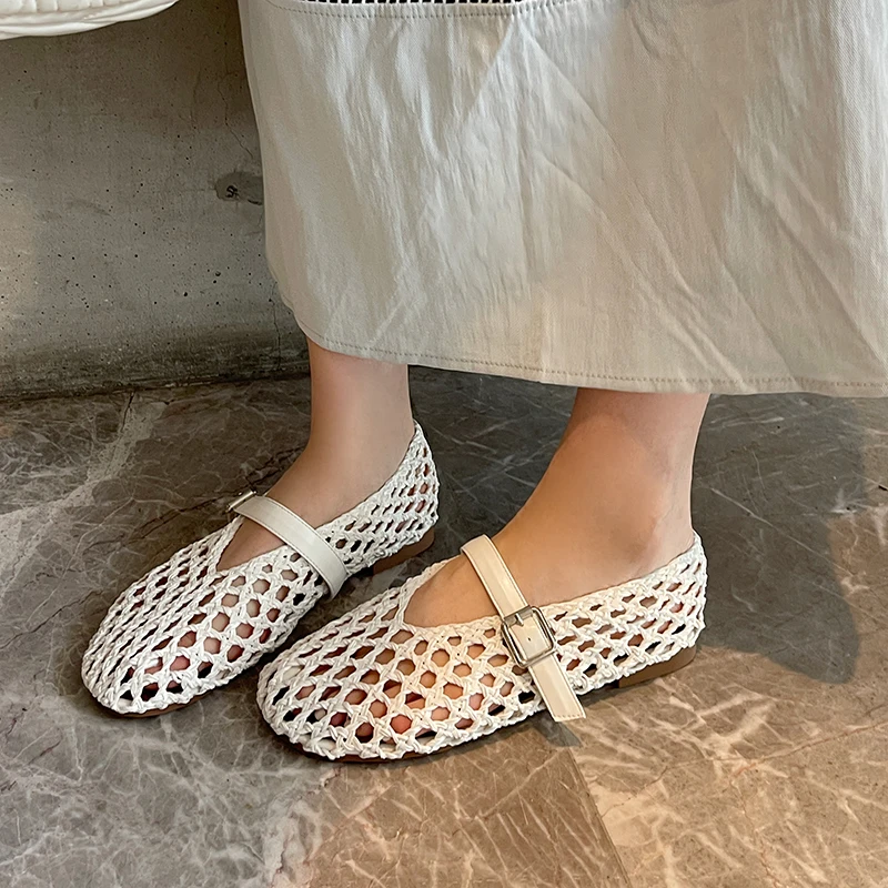 Kcenid المرأة جولة تو صندل مسطح عادية تنفس الباليه تصميم جوفاء العصرية ماري جين أحذية اليدوية نسج الشقق حجم 43
