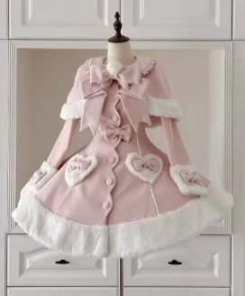 Original Sweet Lolita Pink Wool Coat Winter New Women's Sweet Cute Bow Slim Fit Elegant Long Jacket Overcoat Detachable Cape