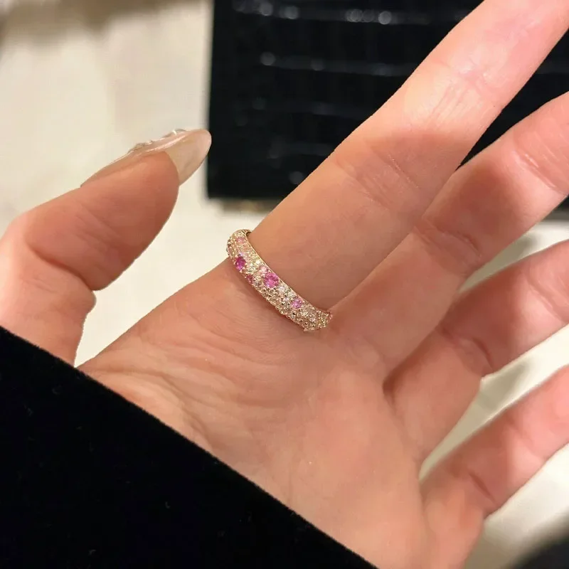 New in Rose-golden Sweet Style High quality ring gradient peach pink white crystal beads rings for women Light luxury jewelry