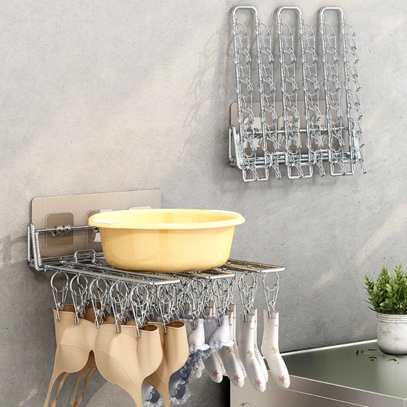 Clothes Drying Rack Balcony Wall Mounted Storage Clip Stainless Steel Folding Sock Hanger for Drying Towel Bra Underwear