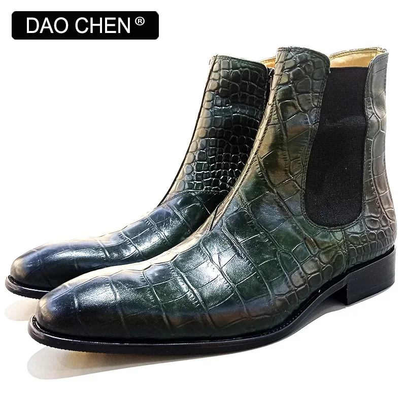 LUXURY BRAND MEN'S BOOTS GREEN BLACK CROCODILE PRINT ANKLE BOOTS CASUAL MEN DRESS SHOES WEDDING OFFICE LEATHER BOOTS MEN