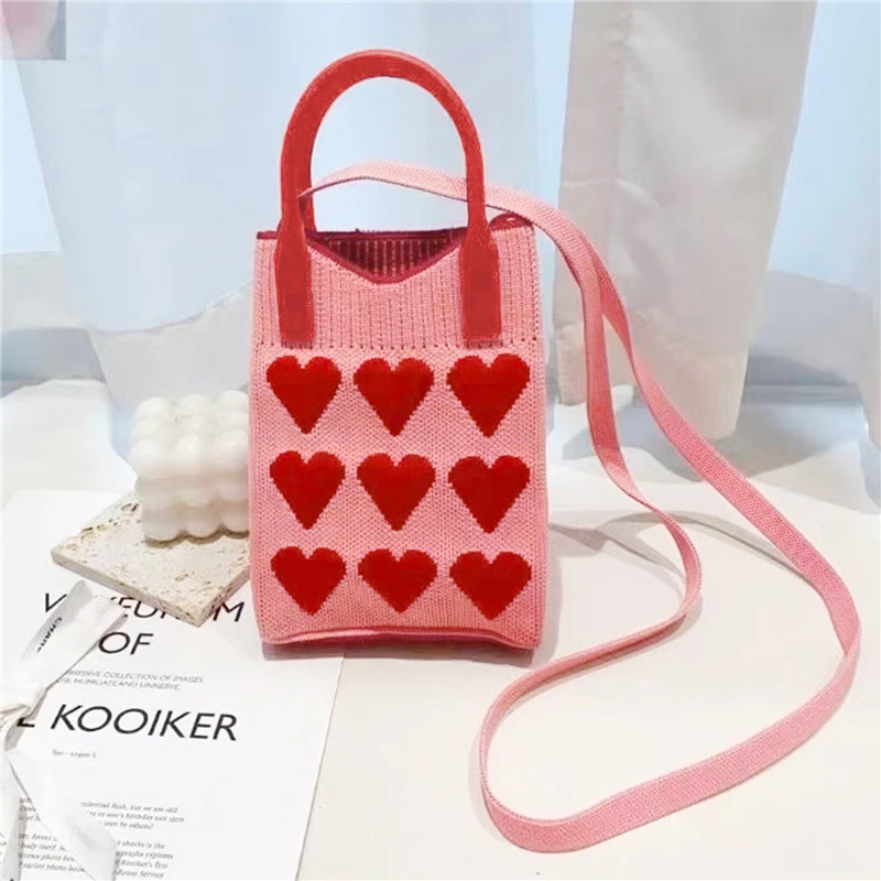 Candy Color Knitted Mini Mobile Phone Bag Female Korean Version Sweet Love  Checkerboard Design Shoulder Handbag and Hand Bag