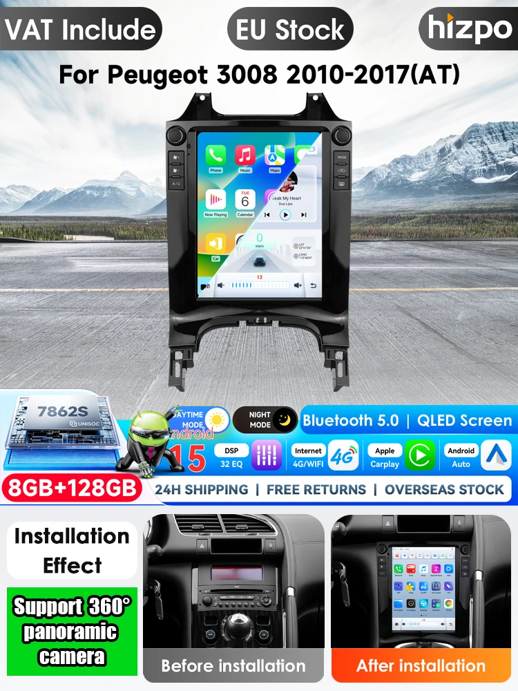 Hizpo 9,7 Zoll Intelligentes Android-Autosystem für Peugeot 3008 AT 2010 - 2017 Auto-Multimedia-Autoradio Videoplayer Navigation GPS Autoradio WIFI 4G Stereo Audio 2din Head Unit Monitor Pro AI