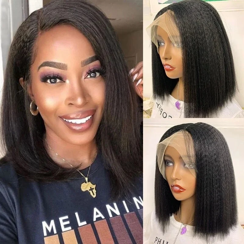 Shrot Yaki Straight Black 4X4 Closure Lace Front Remy 100% Real  Hair Wigs