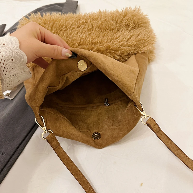 Trendy Brand Designer Lamb Wool Shoulder Bag Bucket Women Handbags And Purse 2024 Winter New Lady's Suede Leather Messenger Bag