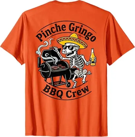 Pinche Gringo BBQ Crew Skelett-Schwein beim Grillen mit Bier (auf Rückseite) T-Shirt Y2k Kochen Smoker Grill Ästhetische Kleidung Herrenmode Tee – Detail 6