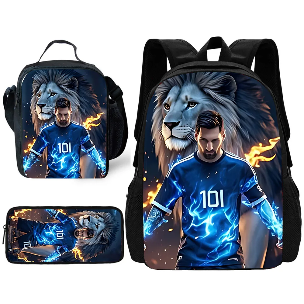 Child School Football M-Messis No.10 Backpack with Lunch Bags ,Pencil Bags ,School Bags for Boys Girls Best Gift