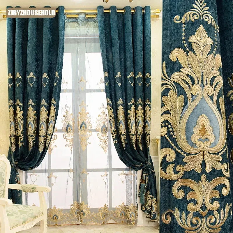 

Curtains for Living Dining Room Bedroom Villa European Embroidery Paste Velvet Chenille Light Luxury Blackout Fabric