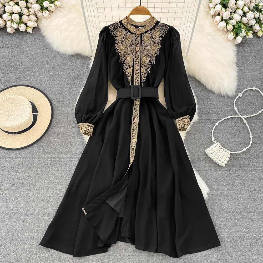 

Vintage Boho Black Evening Women's Maxi Dress For The Beach Long Sleeve Sundress Mesh Single-Breasted Lace Patchwork Long Dresse