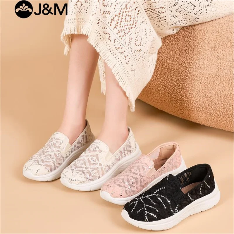 J & m-sapatos casuais de malha respirável para mulheres, tênis plataforma, slip-on, branco, preto, esportes, caminhadas, primavera e verão