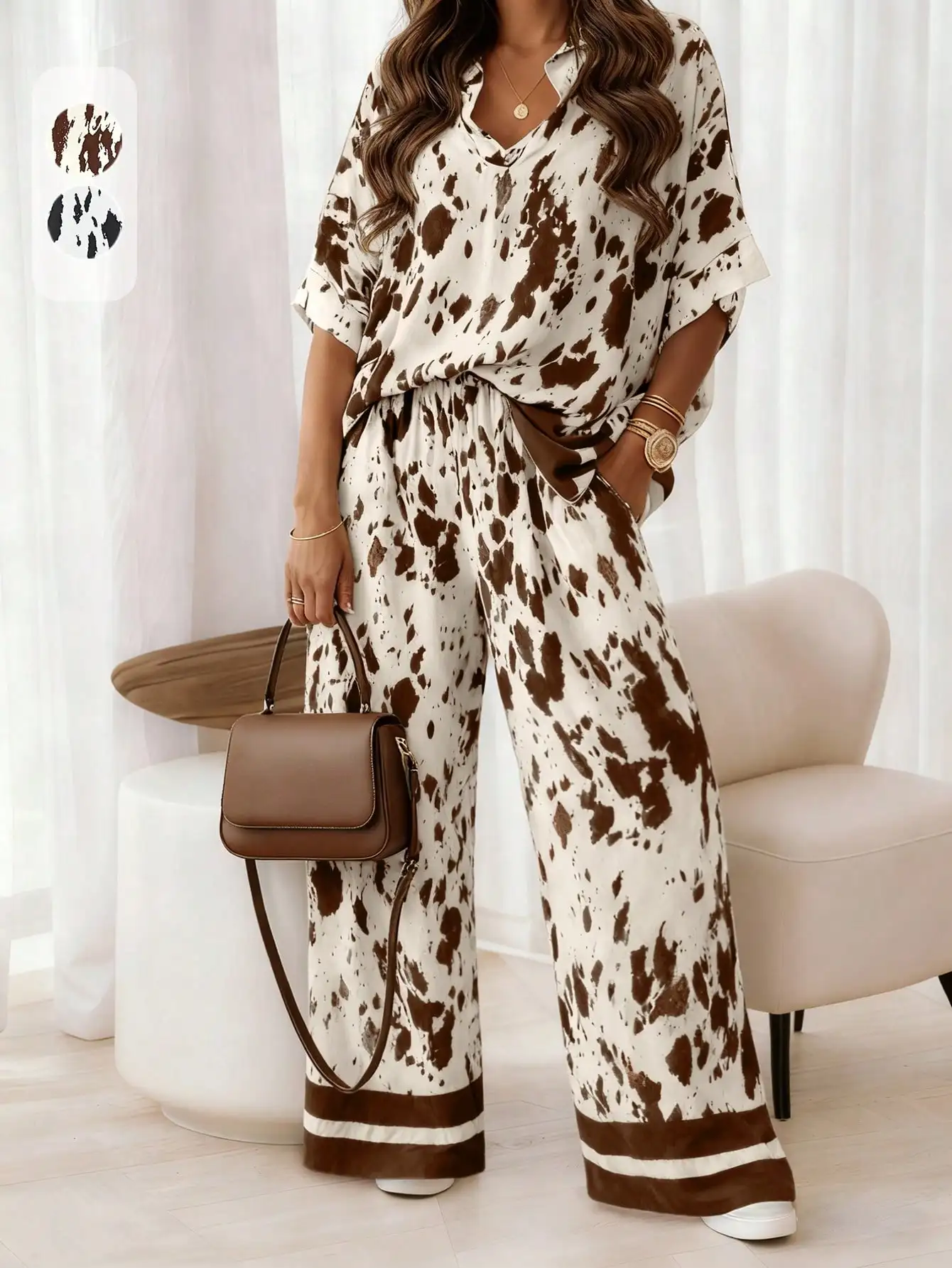 

Комплект из 2 предметов: топ свободного кроя с короткими рукавами и широкими брюками с коровьим принтом