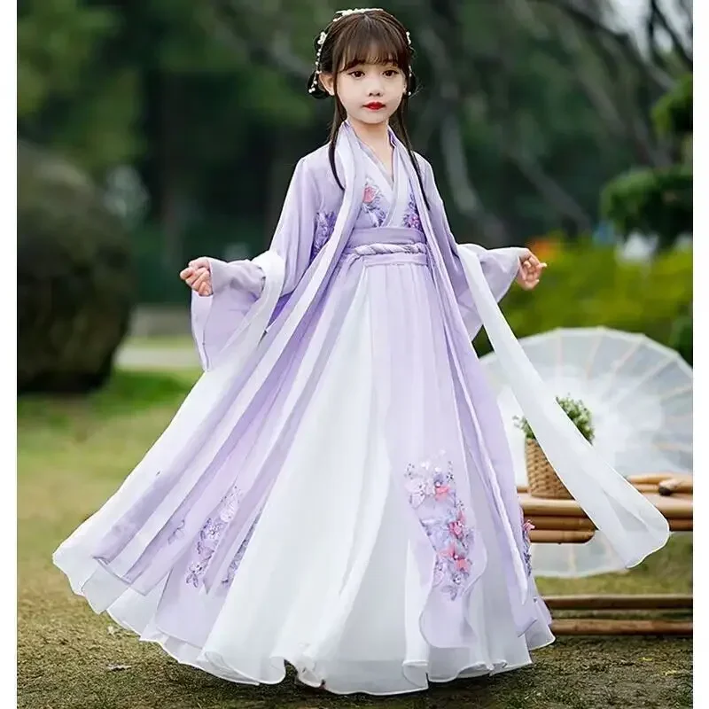 Sukienka Hanfu Dziewczynki Dzieci Kostium Nowy Rok Chiński Starożytny Karnawał Kostium Cosplay Fioletowa Sukienka Hanfu Dzieci Niemowlęta 3T -16T