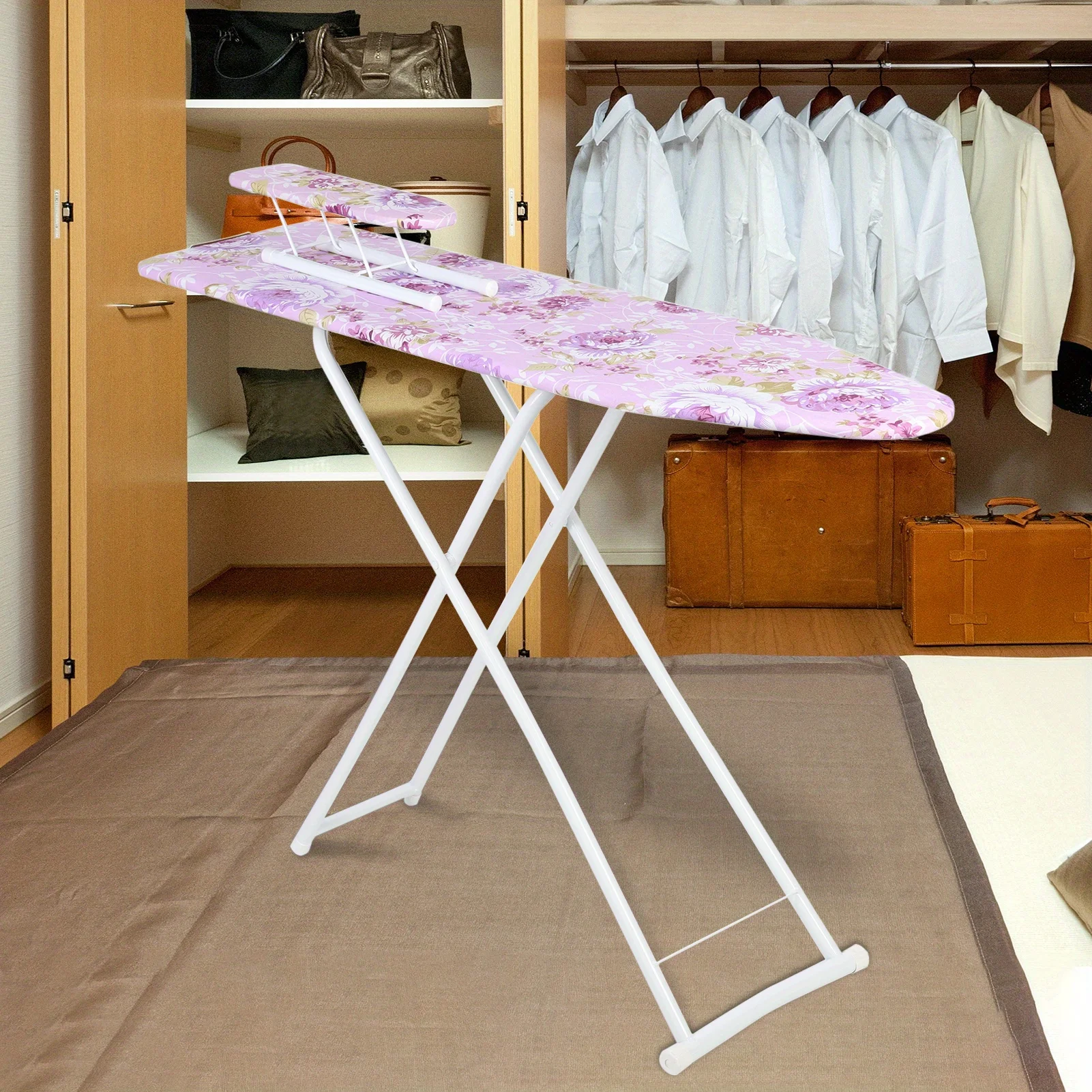 42inch Foldable Ironing Board - Height Adjustable, with A Storage Rack for Placing Irons and 1 Small Sleeve Ironing Board