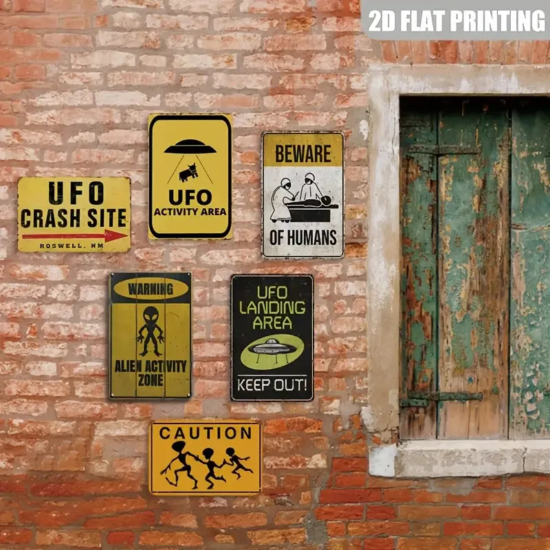 2D Plane Retro Alien Wooden Sign Set of 6 - UFO Themed Decoration with Inspirational Quotes, UFO Area Retro Sign, Decorative Sig