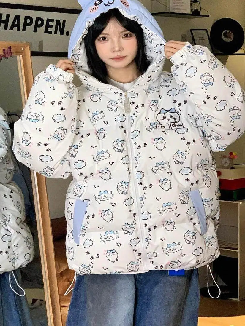 

Милая женская зимняя теплая куртка-пуховик с капюшоном и мультяшным принтом, больших размеров, с длинными рукавами, на молнии, повседневная, для поездок на работу