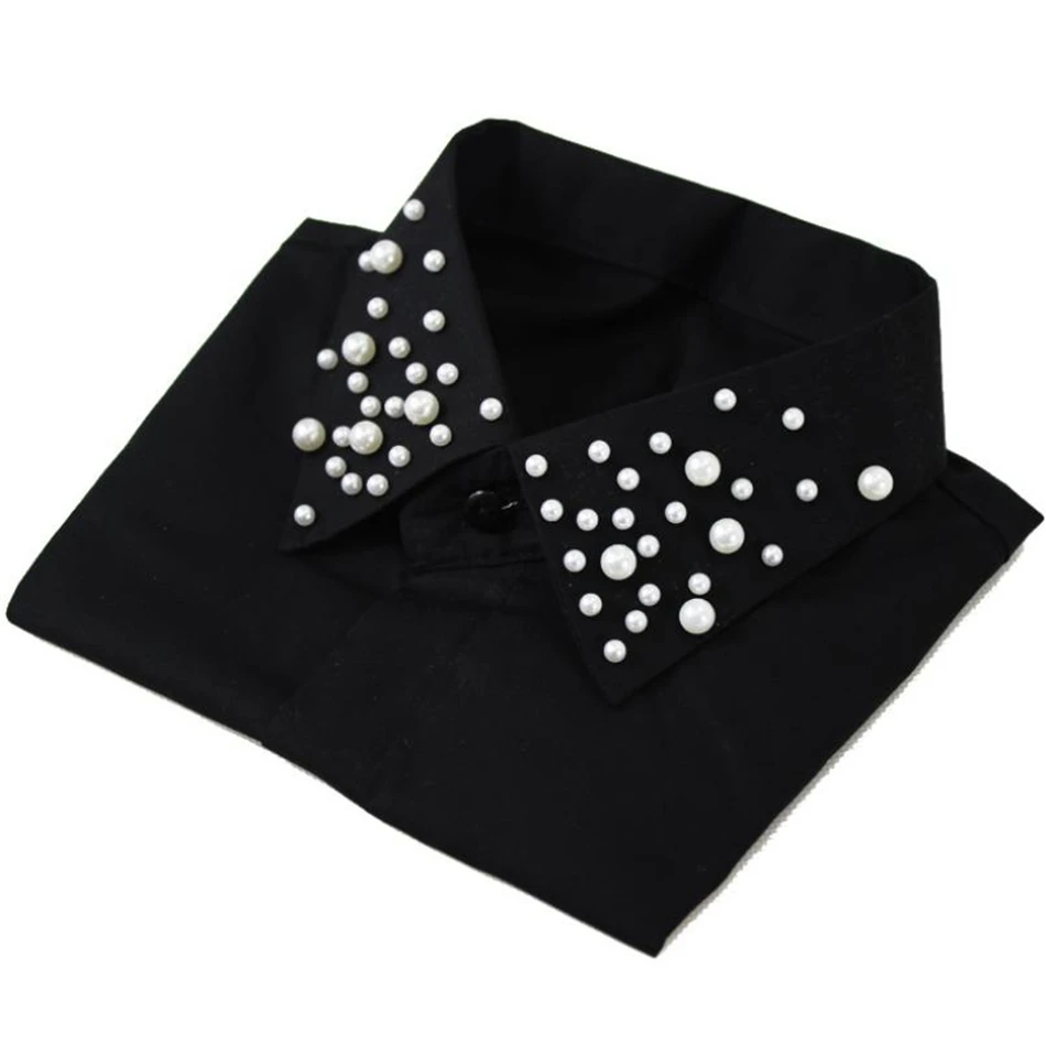 SHOWERSMILE-cuello de camisa de algodón negro para mujer, cuello falso con cuentas de perlas desmontables, suéter de camisa femenino, cuello falso, otoño