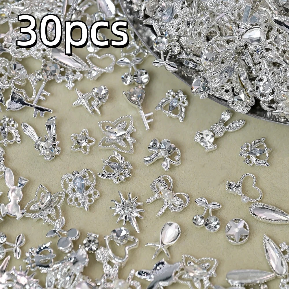 30pcs Valentine's Day Silver Clear Mixed Pendant Nail Jewelry Shining Crystal Gems Nail Art Decoration 3D Alloy Nail Art Decor *