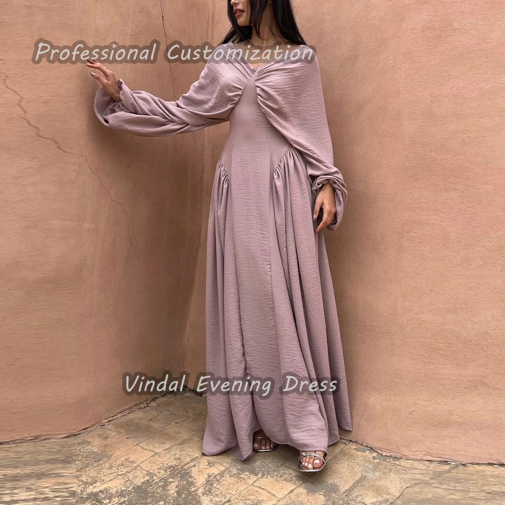 

Vindal V-Neck Prom Party Dress Ankle length A-Line Ruffle luxurious Breast padding Elegant Long Sleeves السعود For Woman 2024