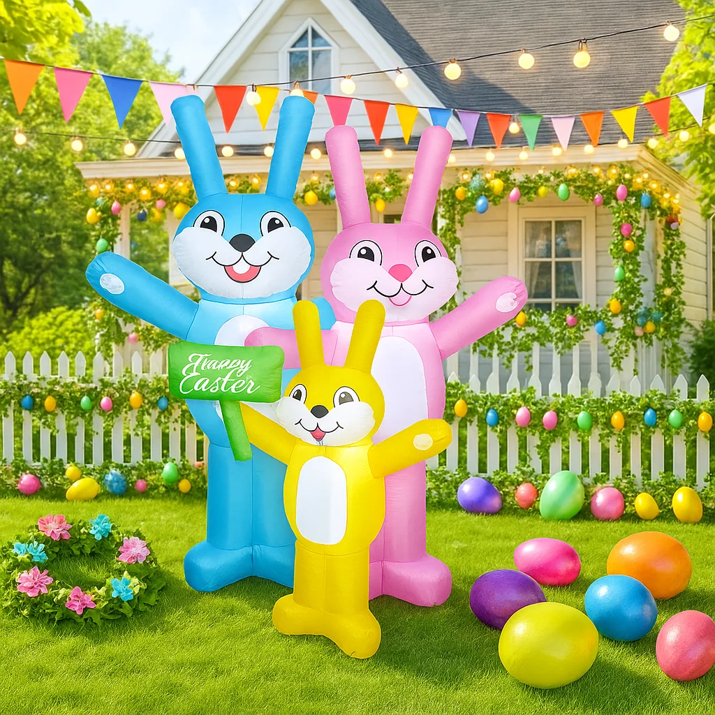 6FT Easter Three Bunnies Family Airblown Inflatable Decor LED Lighted Blow Up Festive Yard Easter  Decoration Easter Inflatable